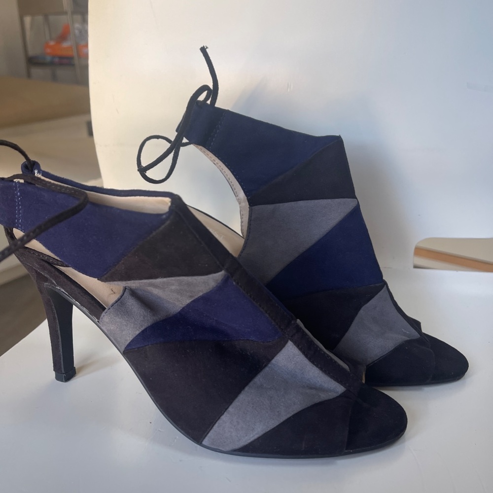 Blue/Black/Gray Patchwork Open-Toed Slingback Hee… - image 2
